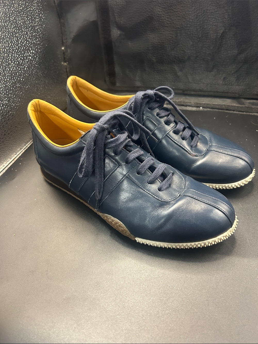 Bally Navy Leather Lace-Up Sneakers with Yellow Lining
